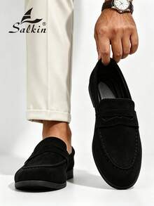Salkin 男士奢華設計師便貨樂福鞋 一腳蹬 純色柔軟麂皮休閒鞋 防滑耐磨鞋底 日常穿著 畢業典禮 大學風 商務正式鞋 辦公室 派對 宴會，尺寸偏小，靜奢風 - 黑色 - 查看 9