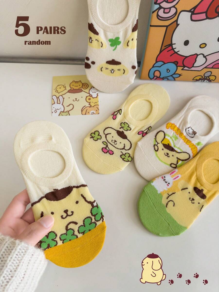 Bộ 5 đôi tất Sanrio dành cho nữ, họa tiết Pompompurin, kiểu dáng không lộ cổ chân (không kèm lớp lót bằng bìa cứng, màu sắc ngẫu nhiên) - Nhiều màu - Xem 1