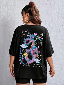 Camiseta de hombros caídos con letra japonesa & con estampado de dragón - Negro - Ver 6