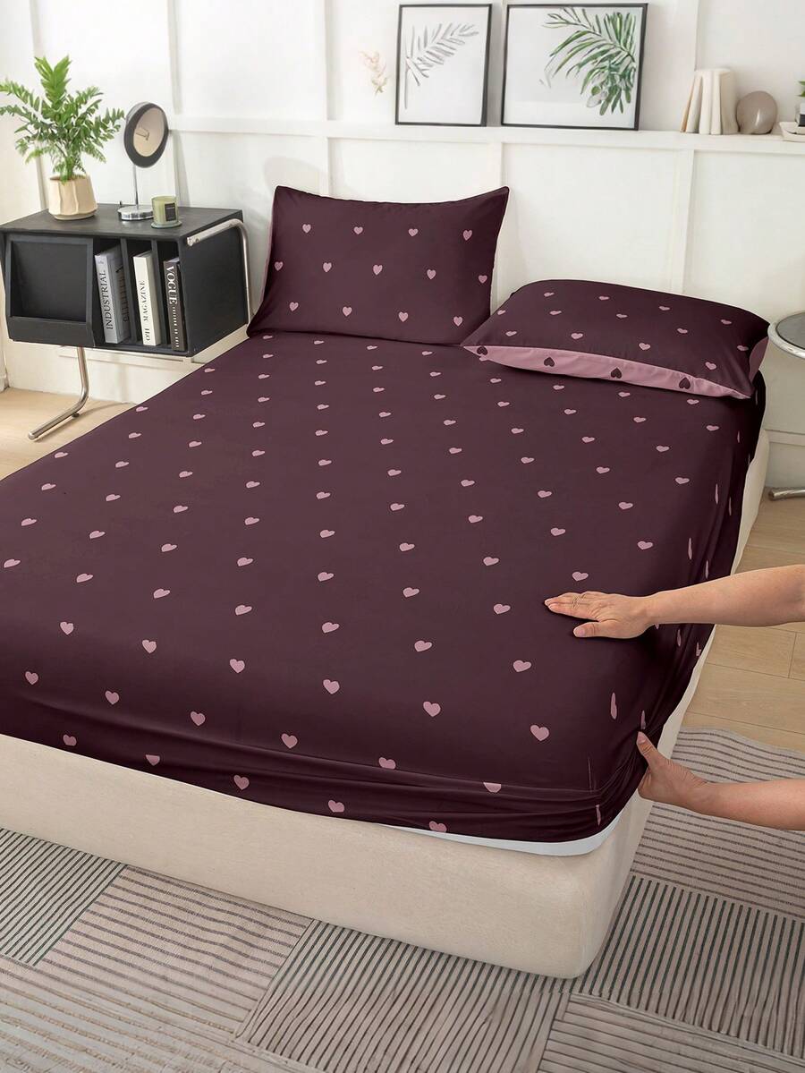 1pc Heart Pattern Fitted Sheet, Bedding, Fitted Sheet, Mattress Cover, Soft And Comfortable Bedroom Mattress Protector Fitted Sheet, Machine Washable - Multicolor - View 1