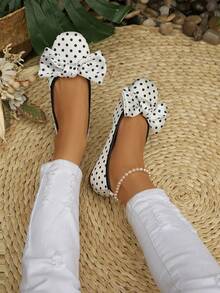 1 Pair Women's Summer Lightweight Mary Jane Shoes, White Fashion Polka Dot Bow Round Toe Slip-On Design - White - View 5