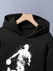 Tween Boy Autumn/Winter Casual Sports Daily Commute Basketball Print Thermal Lined Hoodie And Sweatpants Set - Black - View 3