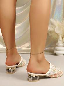 Sandales à talons hauts pour femmes, sandales à talons épais avec motif en dentelle et cristaux, chaussures de style mature à la mode pour les sorties et les rendez-vous - Nude - Voir 6