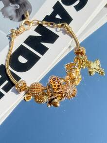 1 pieza Pulsera con colgante de leopardo, pulsera con colgante de cruz luminoso personalizado, pulsera con cuentas de corazón hueco con diamantes, pulsera con colgante de abeja exquisita, pulsera con elemento solar, pulsera con cuentas de agujero grande con diamantes DIY, pulsera personalizable, pulsera para fiesta, pulsera para vacaciones, pulsera para festival de música callejera, pulsera para boda, pulsera de compromiso, pulsera versátil para uso diario - Amarillo Oro - Ver 2