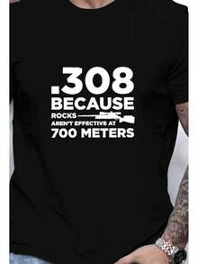 Camiseta de hombre con diseño divertido de deportes de tiro| Diseño "308 Porque 308 Porque las rocas no discuten y 700m de alcance efectivo" - Azul marino, manga corta, estilo deportivo casual, tela elástica, cuello redondo, perfecto para entusiastas de la caza y los disparos al aire libre. - Verde militar - Ver 3