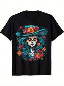 Beyond Bounds Camiseta de Mujer La Catrina Día de los Muertos Calavera de Azúcar, Negra Vibrante con Estampado Floral, Cuello Redondo Casual, Lavable a Máquina, Diseño Inspirado en el Día de los Muertos, Camiseta de Moda, Ropa Casual, Camiseta con Estampado, Cuello Redondo, Regalo 2026 - Negro - Ver 1