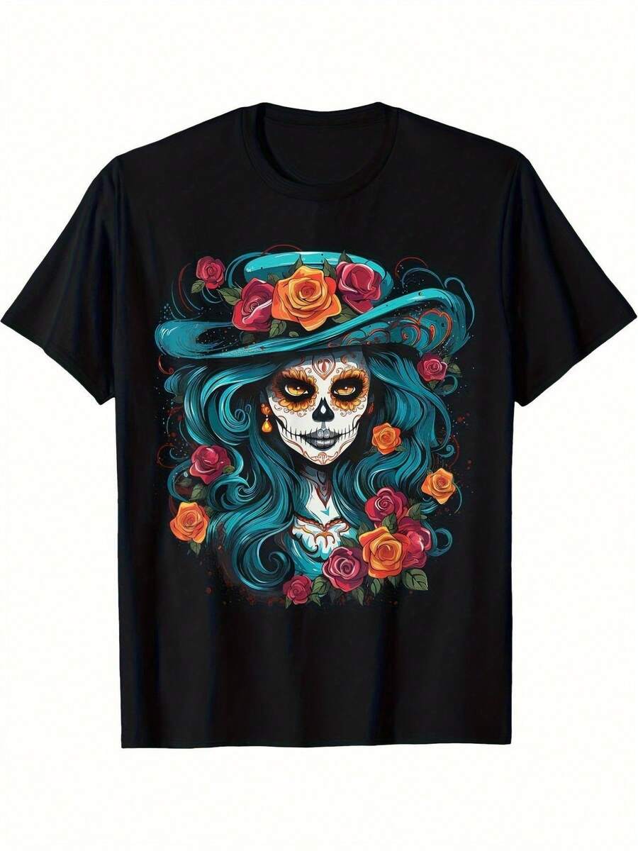 Beyond Bounds Camiseta de Mujer La Catrina Día de los Muertos Calavera de Azúcar, Negra Vibrante con Estampado Floral, Cuello Redondo Casual, Lavable a Máquina, Diseño Inspirado en el Día de los Muertos, Camiseta de Moda, Ropa Casual, Camiseta con Estampado, Cuello Redondo, Regalo 2026 - Negro - Ver 1