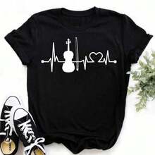 Camiseta Harajuku divertida con nota musical para mujer, Tops musicales, de manga corta Camiseta negra, camisetas informales para mujer - Negro - Ver 1