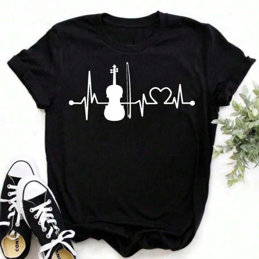 Camiseta Harajuku divertida con nota musical para mujer, Tops musicales, de manga corta Camiseta negra, camisetas informales para mujer - Negro - Ver 1