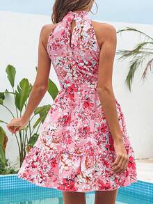 Elegant Floral Dress Spring Summer 2026, Ruffled Drawstring Wide Skirt For Women - Coral Pink - View 4
