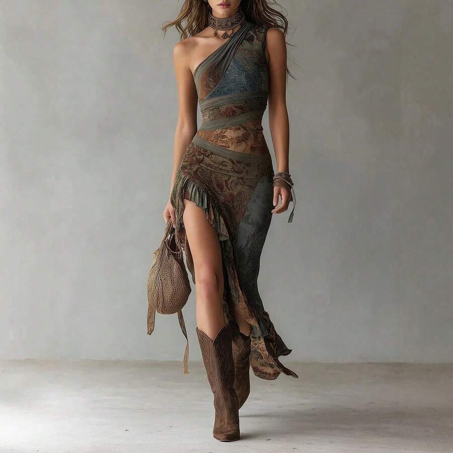Vestido largo asimétrico con estampado retro, corte ajustado y abertura alta - Verde Oscuro - Ver 1
