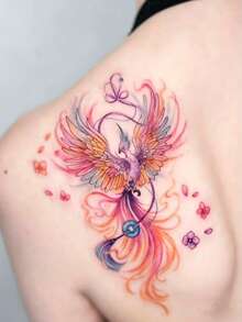 1 Tattoo Sticker, Colorful Gradient Phoenix With Floating Flowers In A Traditional Chinese Style, Beautiful Tattoo Pattern, Temporary Tattoo Sticker, Washable PVC, Disposable, Waterproof And Sweatproof, Can Be Applied On Palms, Arms, Waist, Abdomen, Back, Legs, Non-Reflective, Realistic Tattoo Design, Suitable For Travel, Music Festivals, Gaming, Graduation Gifts, Daily Use, Lasts 3-5 Days - 彩色 - 查看 3