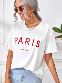 New Arrival,Paris Print Round Neck Sports T-shirt, Short Sleeve Running Casual Tops, Women's Activewear,Best Gift for you - Blanc - Voir 1