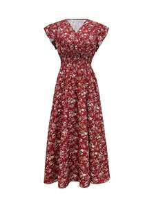 Vestido estilo bohemio con estampado para mujer, mangas cortas con volantes, cuello en V, diseño de cintura ceñida - Rojo - Ver 5
