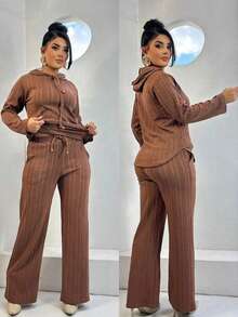Women's Casual Solid Color Sweatshirt And Pants Set With Drawstring - Autumn Style - Óxido marrón - Ver 4