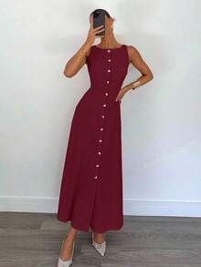 Vestido de algodón con rayas de color azul claro elegante, vestido maxi sin mangas de verano elegante para mujeres, conjunto de vestidos ajustados con botones delanteros sexy, ropa de trabajo retro y elegante, vestido largo cómodo y transpirable para vacaciones - Burdeos - Ver 5