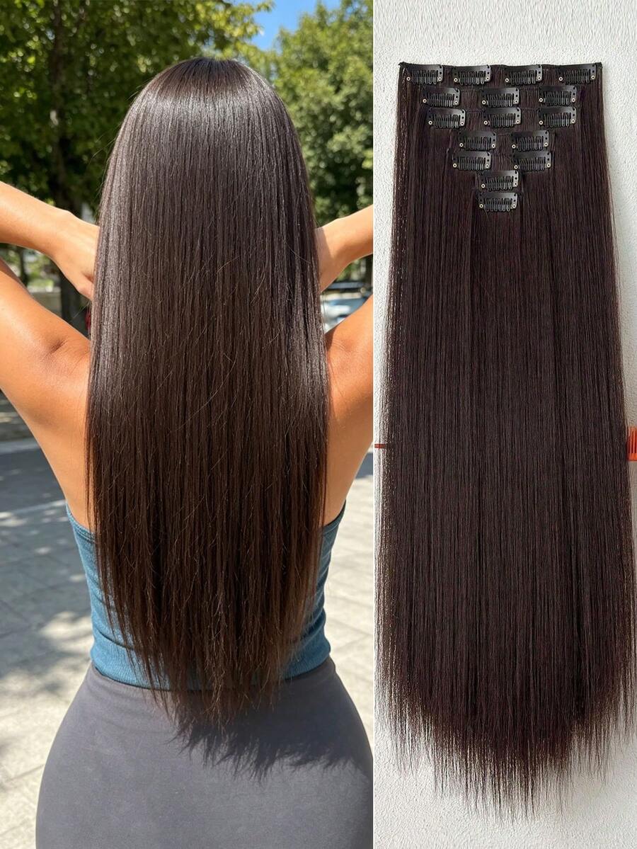16pcs 22-Inch Straight Clip-In Hair Extensions, Brown Color, Suitable For Girls And Women, Synthetic Hair Pieces - Brown - View 1