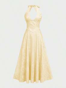 Elegante vestido midi de fiesta de verano con cuello en V, cintura y vuelo, con estampado texturizado romántico para citas y resort - Amarillo - Ver 5