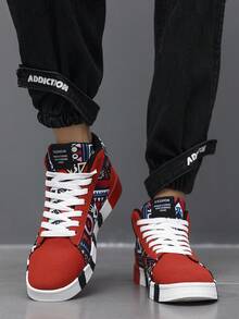 Men's Retro Graffiti Style Random Print Colorblock Front Lace-Up Sports Skate Shoes, Fashionable Versatile Outdoor Casual Shoes - Black and Red - View 8