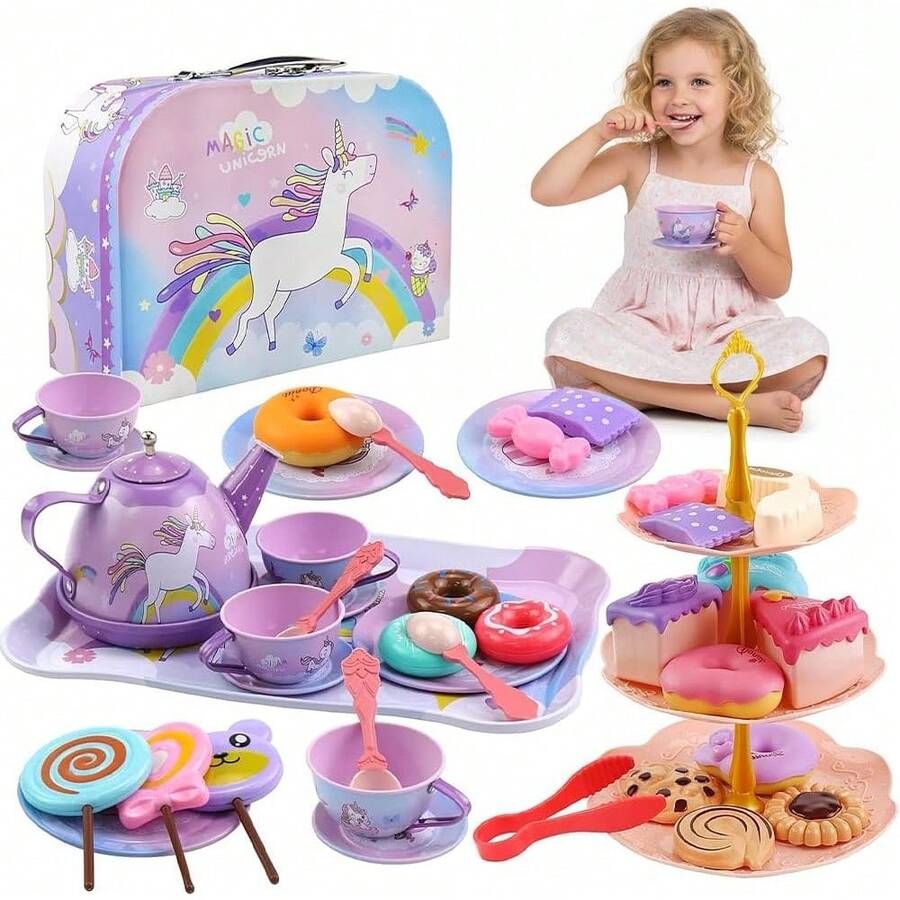 52-Piece Children's Tea Set, Birthday, Christmas, Children's Day Gift, Includes Dessert, Tea Set, Tableware And Carrying Case (Red) - 多色-A - 查看 1
