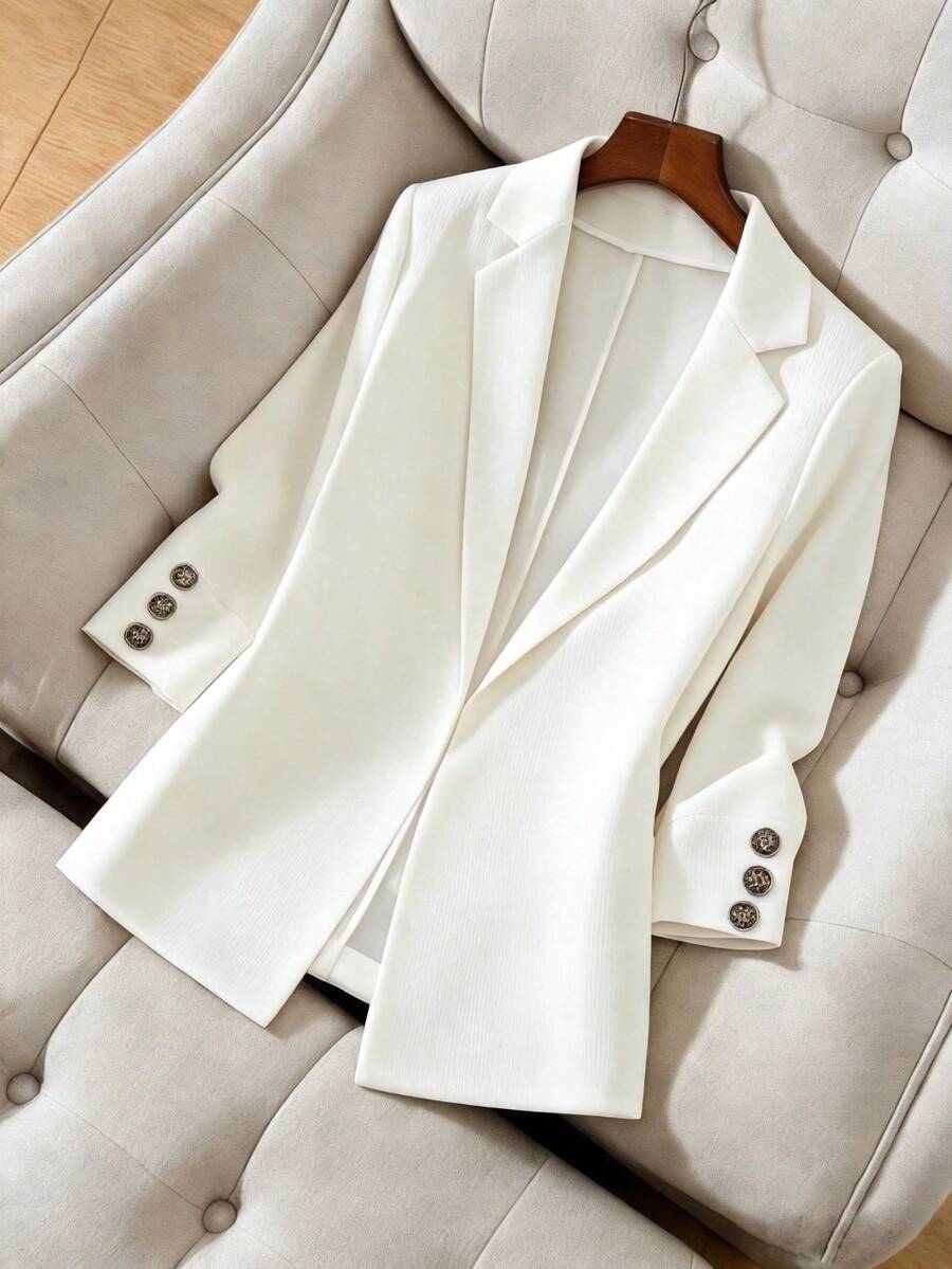 Elegant Casual Long Sleeve Lapel Collar Blazer With Button Details Regular Fit Polyester Fabric For Work Or Everyday Wear - 白色*薄西裝 - 查看 1