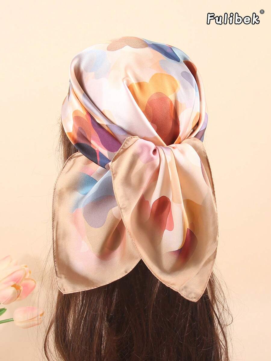 1pc Faux Silk Printed Neckerchief, Versatile Headband/Hair Scarf, Suitable For Daily Use - Khaki - View 1