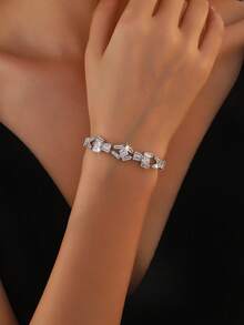 1 Set Luxury Elegant Cubic Zirconia Inlaid Geometric Pattern Bracelet, Suitable For Women's Wedding And Banquet Wear - Silver - 2 - View 1