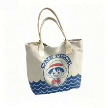 Miniso Túi tote vải canvas in hình Luffy chibi dễ thương từ One Piece với chữ "ONE PIECE" và họa tiết sóng biển, màu be, thích hợp sử dụng hàng ngày. - màu đen - Xem 3