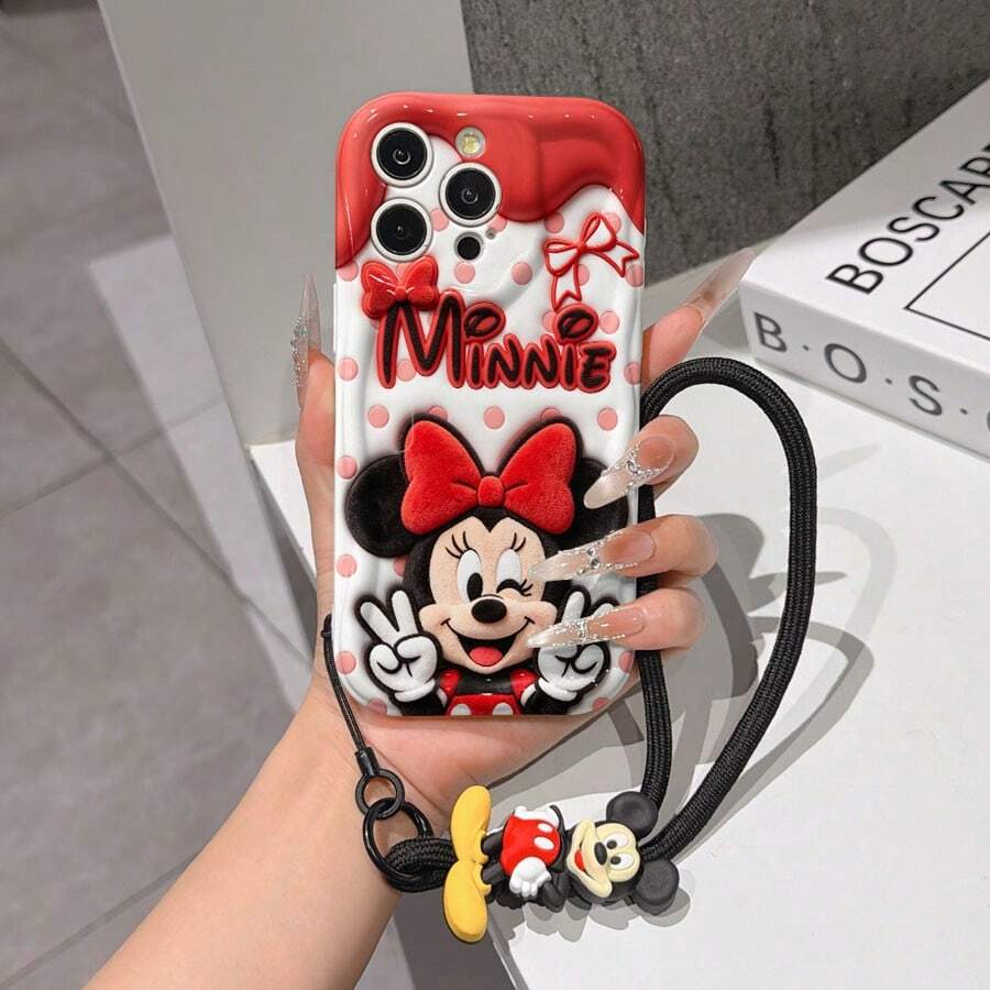 This Disney Mickey Mouse Lanyard Phone Case Is Fully Covered In TPU Material. It's Shockproof, Lightweight, And Compatible With IPhone17/16/11/13/15/15 Plus/15 Pro/15 Pro Max/12/14 Pro Max/11 Pro Max/12 Pro/12 Pro Max/13. This Phone Case Makes A Popular Birthday Gift Or Business Gift; It's Durable, Stain- And Fingerprint Resistant, And Suitable For Both Men And Women. The Set Also Includes A Mickey Mouse Phone Case And A Mickey Mouse Plush Bracelet. It's A Perfect Gift For Friends And Family. This Stylish Phone Case Is Fun, Lightweight, And Durable. IPhone17 Pro Max Phone Case, Minnie Mouse Phone Case. - trắng - Xem 1
