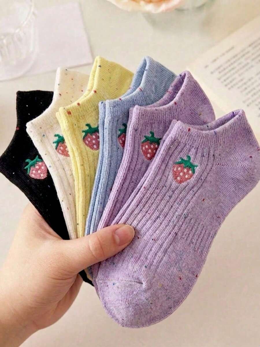 5 pares de calcetines invisibles con estampado aleatorio de fresa, esenciales diarios lindos y cómodos - Multicolor - Ver 1