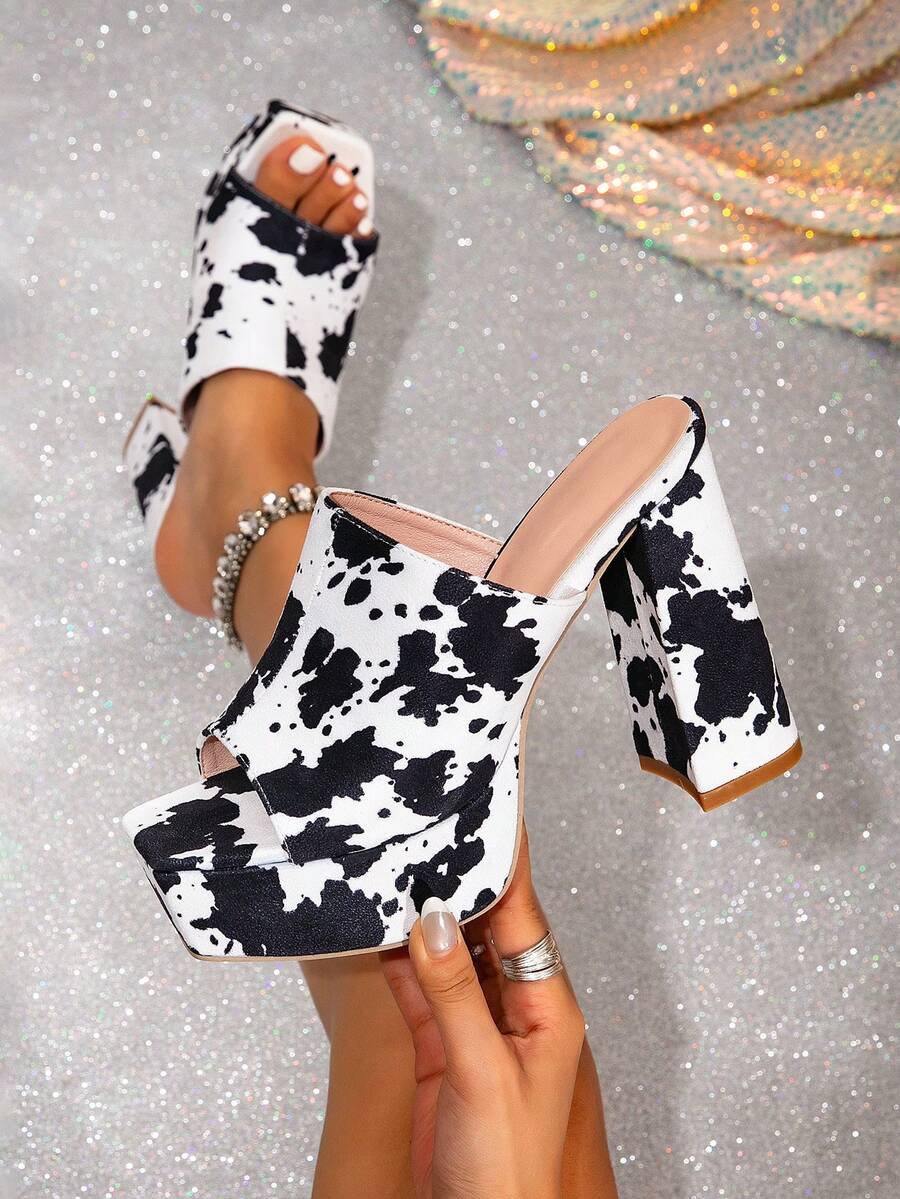 Black & White High Heel Sandals For Women, 2026 Summer Minimalist Versatile Slip-On Platform Thick Heel Square Toe Outdoor Slides, Plus Size Casual - Black and White - View 1