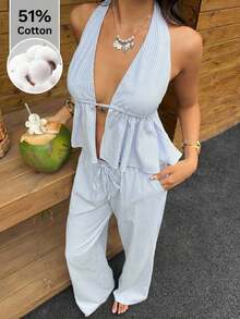 2 piezas Conjunto casual de vacaciones para mujer con top halter sin espalda y pantalones en color caqui tejido - Azul y blanco - Ver 8