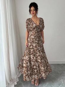 xheElenzga Vestido maxi elegante de estilo francés con cuello en V, hombros caídos, fruncido y línea A, adecuado para la playa, el té de la tarde y fiestasxhe - Marrón Chocolate - Ver 7