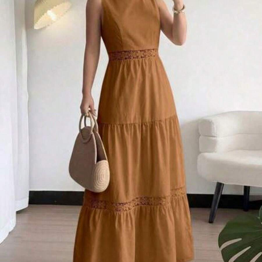 Vestido de mujer de verano con cuello redondo, sin mangas, con encaje en la cintura y bolsillo, elegante y romántico, adecuado para uso diario, citas y vacaciones - Cafetería - Ver 1