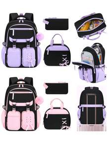 BXboat 3pcs/Set Teenage Girls Backpack With Lunch Box Bag And Pencil Case, Large Capacity Multi-Pocket Bookbag With Tablet/Laptop Compartment, Student Outdoor Camping Travel Backpack With Luggage Strap, Fashion School Backpack For Students - 3-piece Set - View 2