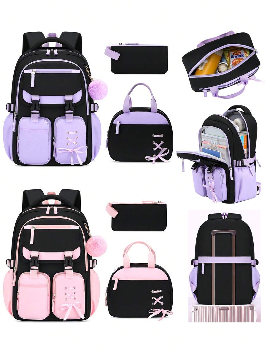 BXboat 3pcs/Set Teenage Girls Backpack With Lunch Box Bag And Pencil Case, Large Capacity Multi-Pocket Bookbag With Tablet/Laptop Compartment, Student Outdoor Camping Travel Backpack With Luggage Strap, Fashion School Backpack For Students