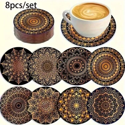 Bộ 8 đế lót ly bằng gỗ họa tiết Mandala vàng - Thấm hút tốt và bền, thích hợp cho cà phê, trà và các loại đồ uống | Lý tưởng cho trang trí nhà cửa và nhà hàng | Món quà tốt nghiệp hoàn hảo