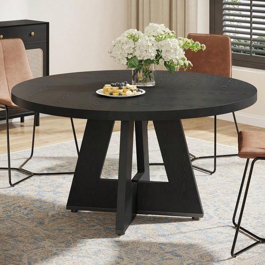 Round Dining Table Suitable For 4 People - 119.38 Cm Retro Base & Engineered Wood Tabletop, Multi-Functional Kitchen Table For Dining Room, Conference Desk, Office Desk, Space-Saving For Small Homes, Assembly - Black - View 1