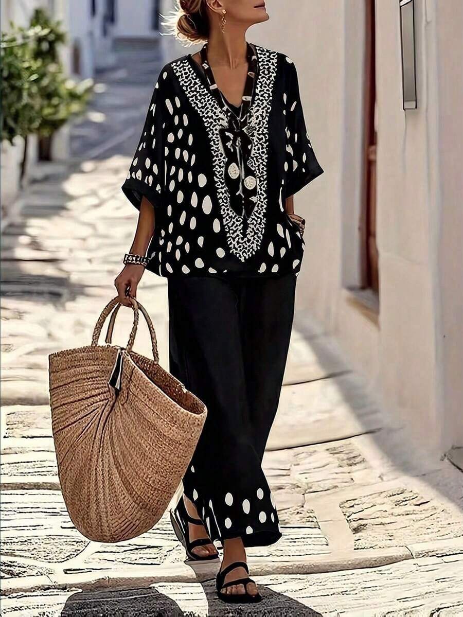 Conjunto de dos piezas con camisa de cuello en V con estampado de lunares y pantalones rectos de pierna ancha y suelta, conjunto de ropa casual de vacaciones para mujer - Multicolor 7 - Ver 1