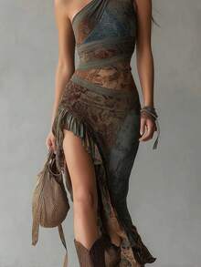 Vestido largo asimétrico con estampado retro, corte ajustado y abertura alta - Verde Oscuro - Ver 6