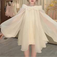 Off-Shoulder Bow Chiffon Dress, Sweet, Loose, Slimming, Puffy A-Line Short Skirt - 杏色 - 查看 2
