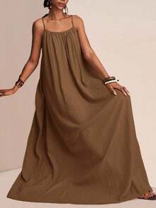 xheZivah Vestido holgado de mujer con textura vertical, corte suelto, de color caqui, de manga corta y ajustable, apropiado para el verano de 2025, festivales de música, Pascua, Día de San Patricio, estilo occidental, estilo nómada, fiestas de cumpleaños, temporada de graduación, uso casual diario, versátil, de ocio, vacaciones, viajes en crucero, playa, tomar el sol, popular en redes sociales. xhe - Óxido marrón - Ver 5