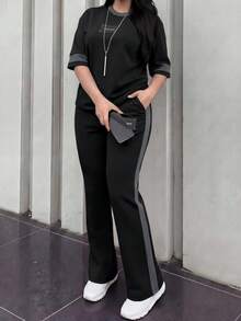 Spring Summer Autumn Plus Size Women's New Round Neck Short Sleeve T-Shirt & Casual Elastic Waist Loose Long Pants 2 Pieces Set. Elegant - Black+Gray - View 2