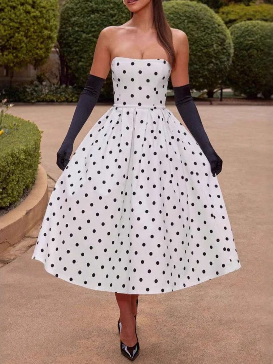 Vestido corsé lunares estilo francés ajustado cintura elegante estilo Hepburn moda mujer - Blanco - Ver 1