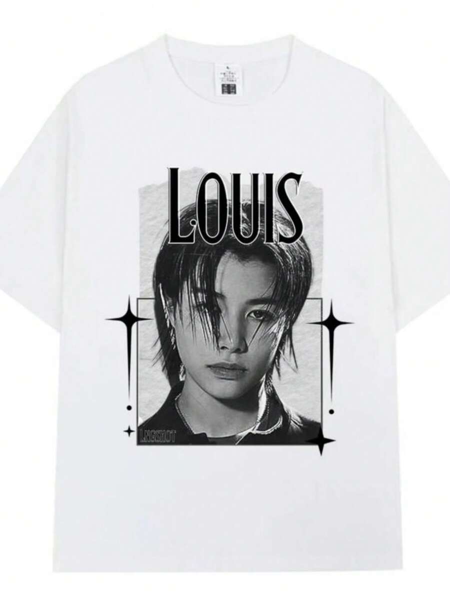 Korean Kpops Hip Hop Group Lngshot LOUIS T Shirt Men's Women Clothing Fashion Pure Cotton Casual Short Sleeve T-Shirts Tops - 白色 - 查看 1