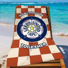 1件 Leeds United AFC 官方徽章 & 水牛格紋海灘巾 - 速乾聚酯纖維混紡，柔軟輕便，適合海灘、泳池、運動愛好者 - 藍黃幾何設計附 "Marching On Together" 文字，泳池邊配件，防沙大尺寸吸水毛巾 - 浴室、游泳池 - A - 查看 4