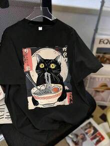 Plus Size Women's Short-Sleeved T-Shirt With A Cartoon Cat And Ramen Print, Suitable For Everyday Wear, Outings, Parties, School, Music Festivals, Vacations, Commuting, And Other Occasions. It Makes A Great Gift For Family, Boyfriends, Girlfriends, And Friends, And Is An Ideal Summer Clothing Choice For Girls. Black - 黑色 - 查看 5