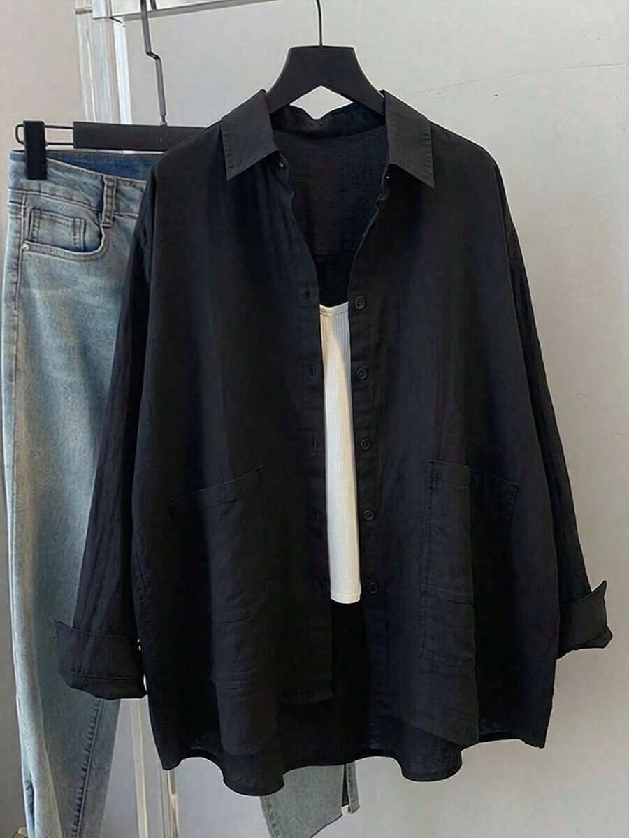 Women's Casual Loose-Fitting Solid-Color Long-Sleeved Shirt, Spring/Summer - 黑色 - 查看 1