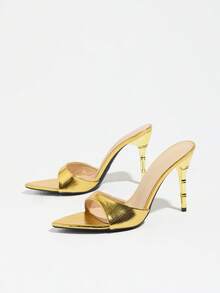 Women's Vintage Elegant Unique One-Strap Mule High Heel Sandals, Featuring Bamboo-Shaped Asymmetric Heel, Metallic Mirror Finish, Reptile Texture, Pointed Toe, Slim High Heel, Suitable For Night Party, Stage, Wedding, Business, Commute, Travel, Shopping, Dating, Christmas, Halloween, Thanksgiving, Easter, Valentine's Day, Mother's Day, Women's Day, Holidays, Weddings - Gold - View 5