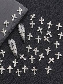 10/20/50pcs/Pack Cross Decor, 3D Nail Art Decorations, Rhinestone & Decals, Nail Art Accessories Rhinestone Nail Stickers, Metal Alloy Crystal Nail Studs, DIY Jewelry Craft Supplies (For Women And Girls Nails) - Multicolor - View 2